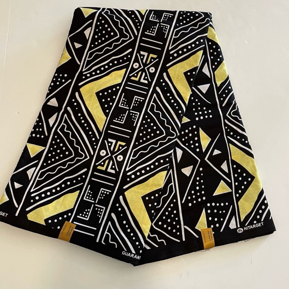 Bold Black & Yellow Graphic Geometric Tribal Print Design Cotton Fabric